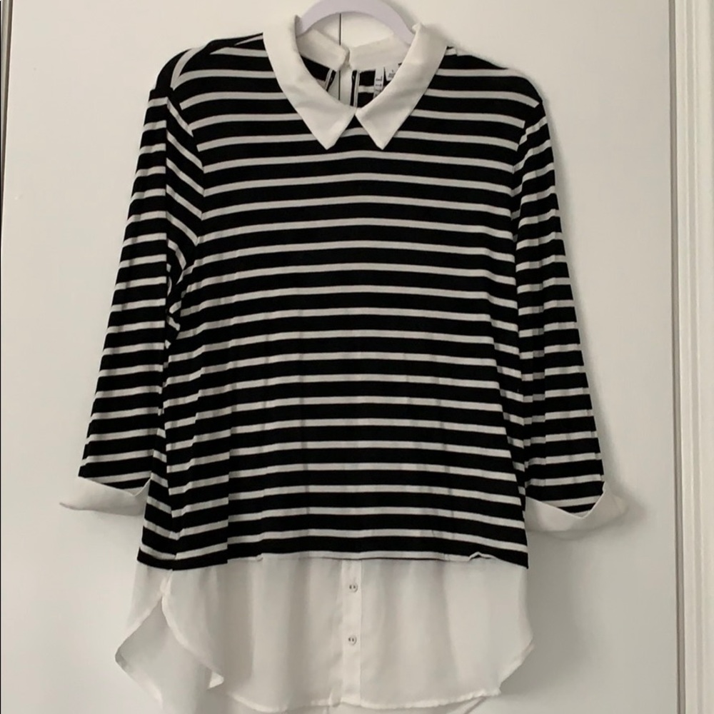 Black/white striped top with white collar, cuffs